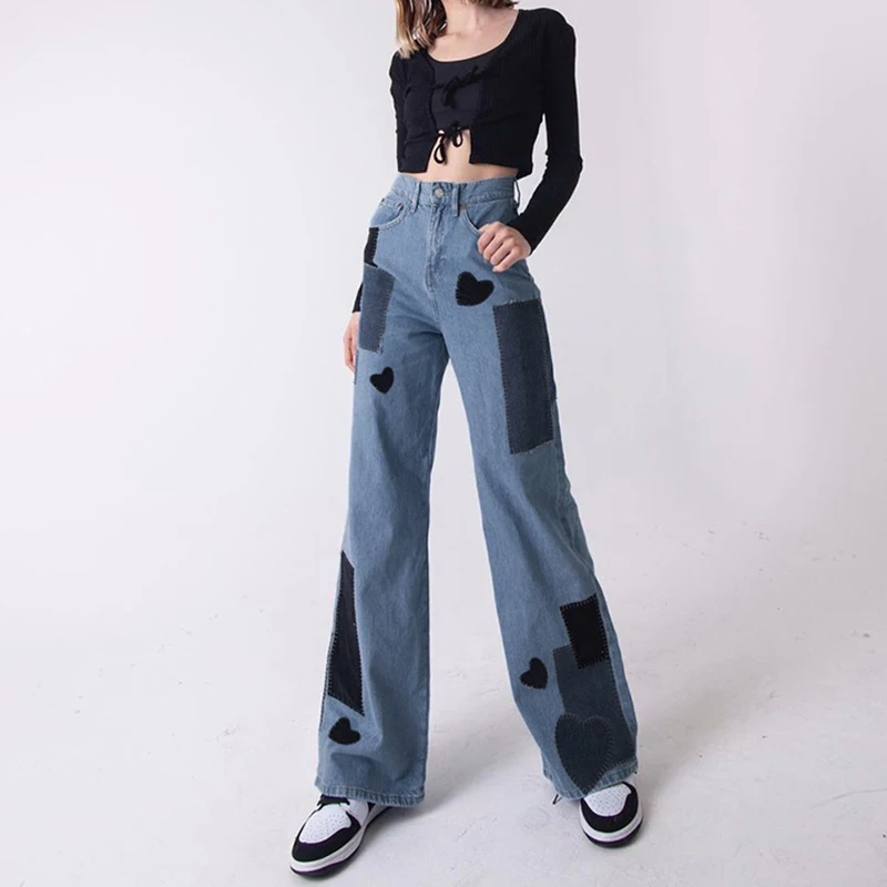 

WeiYao Contrast Patches Grunge Baggy Jeans Woman Mid Waist Wide Leg Denim Trousers Vintage Aesthetic Casual Streetwear Pants