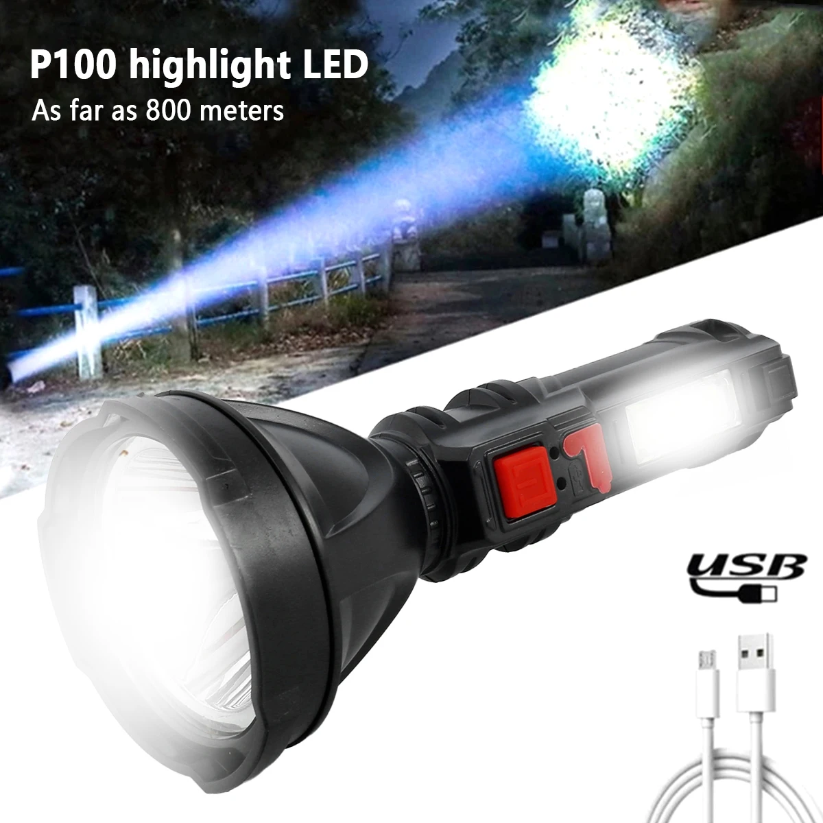 New LED Flashlight P100 Highlight LED Searchlight 8000LM Spotlight with 1200mAh Battery USB Rechargeable IPX4 Waterproof 
New LED Flashlight P100 Highlight LED Searchlight 8000LM Spotlight with 1200mAh Battery USB Rechargeable IPX4 Waterproof
