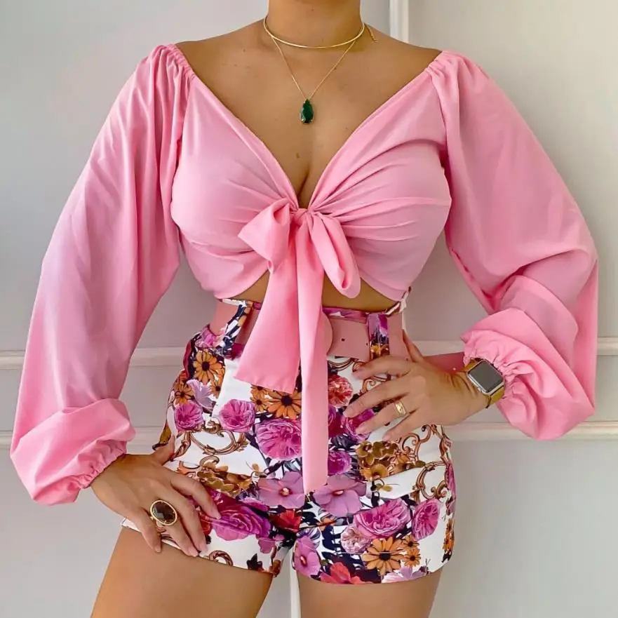 Women Casual Deep V Neck Solid Long Sleeves Tops and Sashes Print Short Two Piece Sets 2022 Summer Sexy Sets 2022
Women Casual Deep V Neck Solid Long Sleeves Tops and Sashes Print Short Two Piece Sets 2022 Summer Sexy Sets 2022