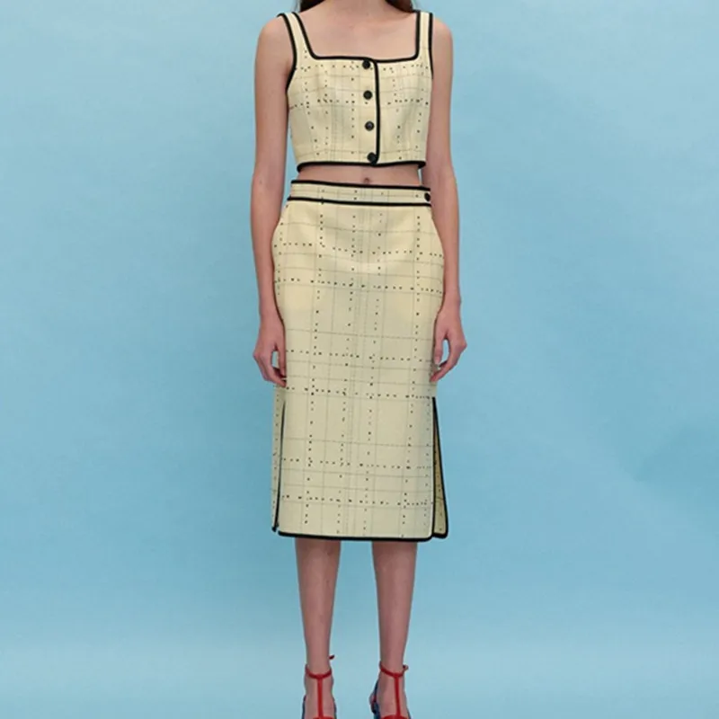 Women Plaid Single Breasted Sleeveless Square Collar or High Waist Split Zipper Midi Skirt
Women Plaid Single Breasted Sleeveless Square Collar or High Waist Split Zipper Midi Skirt
