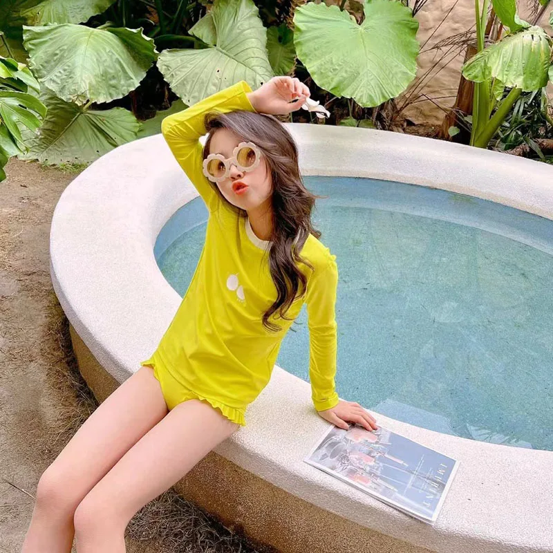 

In Stock 2022 BP Summer GIRLS CLOTHES Fluorescent Yellow Long Sleeve Sunscreen Swimsuit Set Pool Clothing T-shirts & Shorts