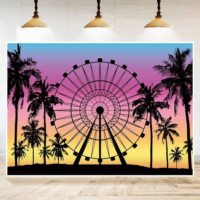 

Photography Backdrop Summer Seaside Ferris Wheel Palm Tree Sunset Background Baby Shower Tropical Wedding Party Decor Poster