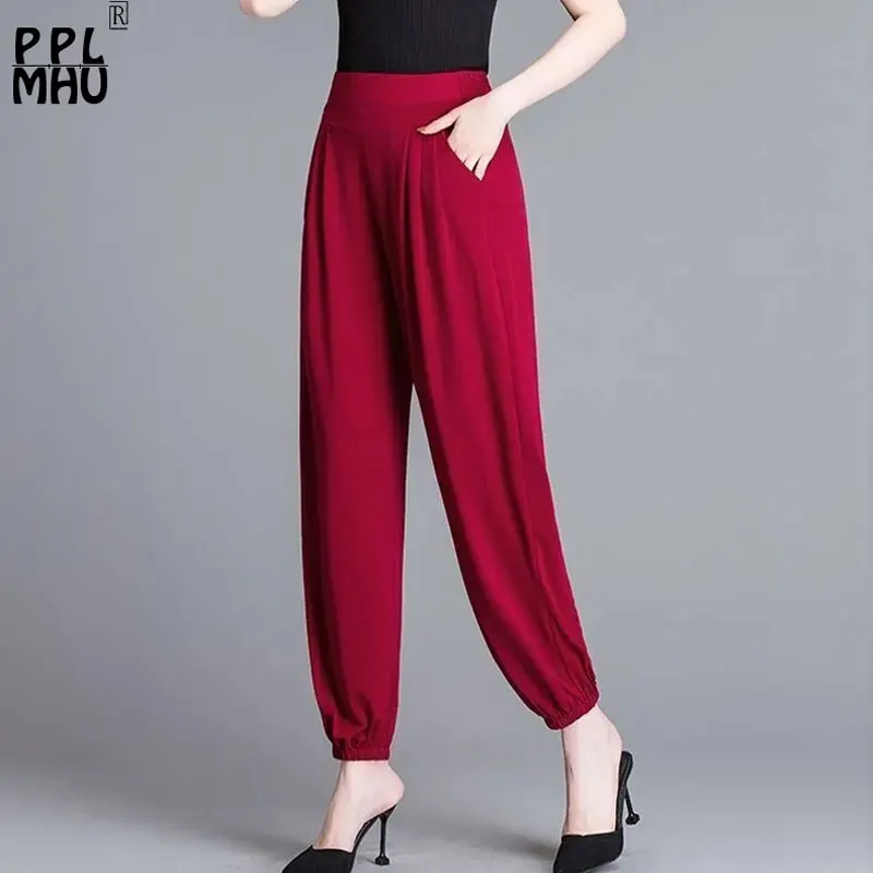 

Mom's Loose Oversized Red Pants Casual Elastic High Waist Bloomers Women Summer Pant 88-92cm Ankle Length Ice Silk Sweatpants