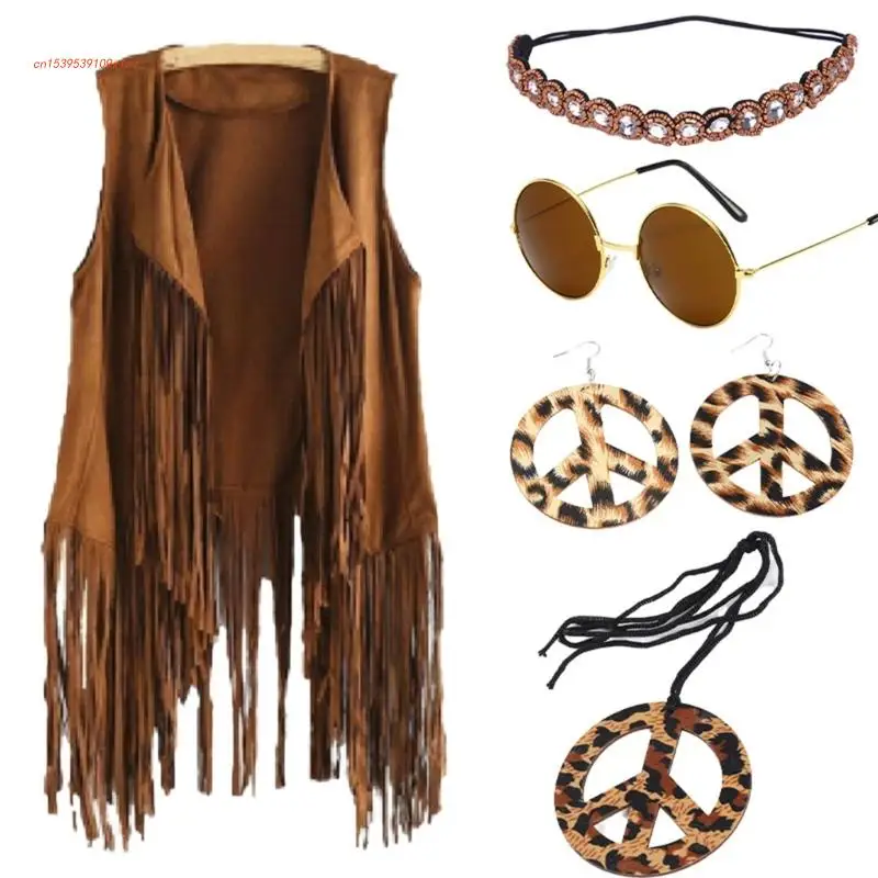 

60s 70s Disco Outfit Hippie-Costume Accessory with Fringe-Vest Earring Necklace