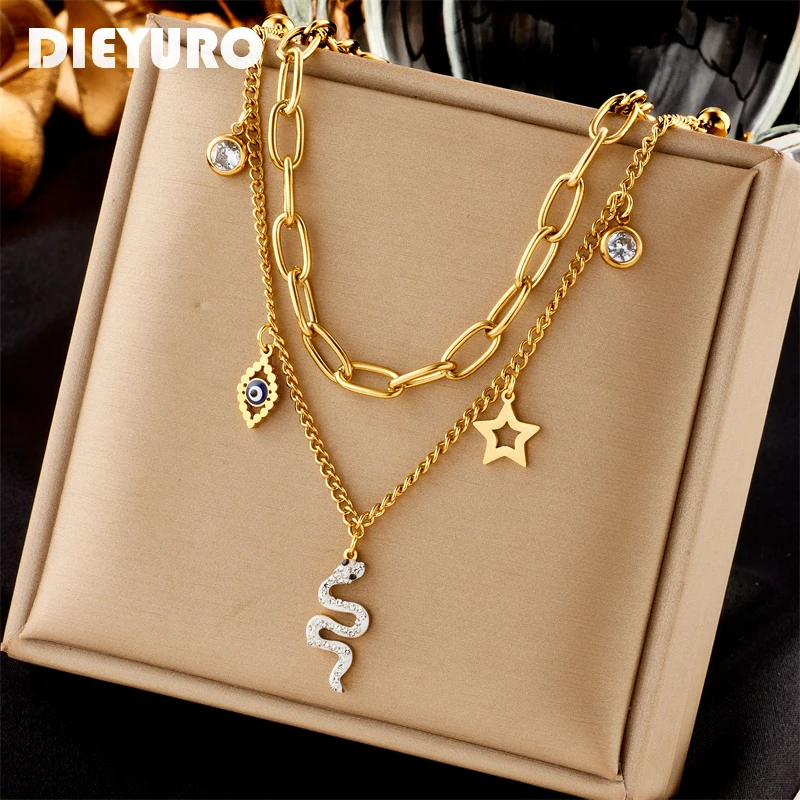 

DIEYURO 316L Stainless Steel Eye Star Snake Pendant Necklace For Women Fashion Girls 2in1 Clavicle Chains Jewelry Party Gifts