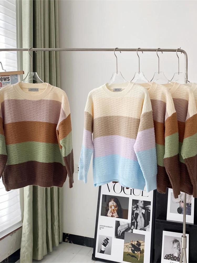 Candy Color Striped Women O-neck Baggy Long Sleeve Knitwear 2022 Autumn Classic Simple Lady Knit Pullover Sweater Retro Oversize
Candy Color Striped Women O-neck Baggy Long Sleeve Knitwear 2022 Autumn Classic Simple Lady Knit Pullover Sweater Retro Oversize