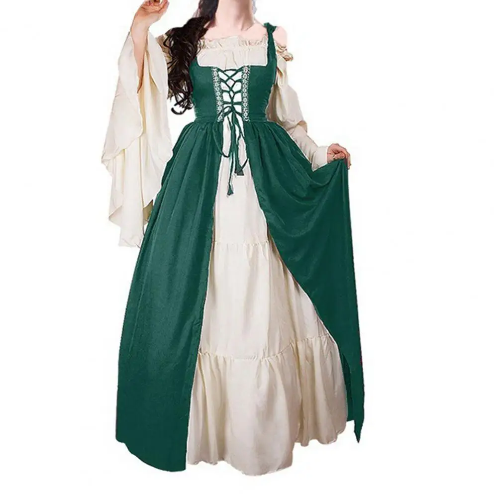 

Платье женское средневековое с квадратным вырезом, готическое вечернее платье с расклешенными рукавами, шнуровкой, в стиле панк/Ретро, кост...