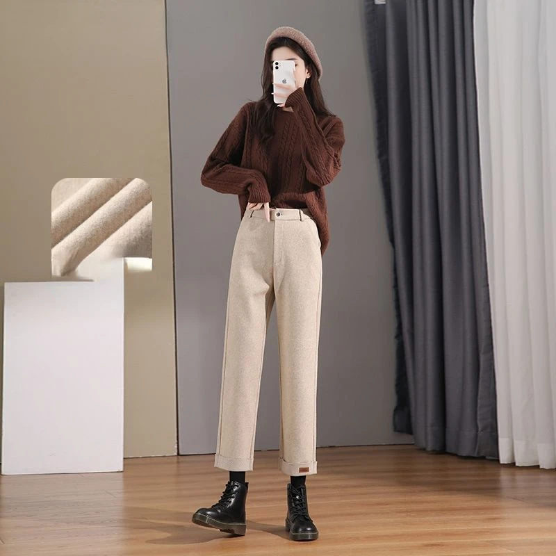 Женские прямые брюки с завышенной талией, однотонные шерстяные брюки, модель T20 на осень и зиму, 2022
Женские прямые брюки с завышенной талией, однотонные шерстяные брюки, модель T20 на осень и зиму, 2022