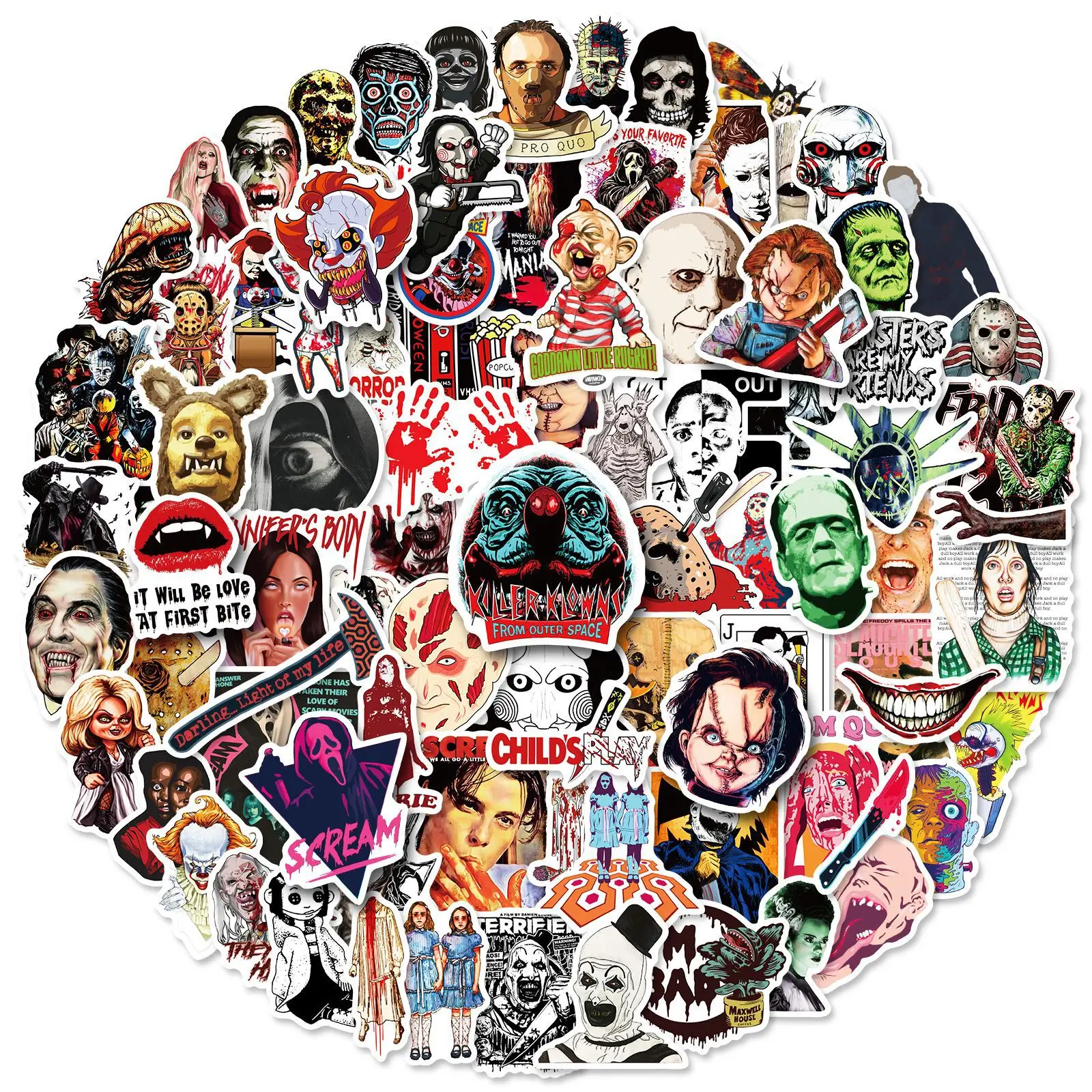 100pcs Non-repeating Horror Movie Character Thriller DIY Decoration Waterproof Sticker Halloween Gift 
100pcs Non-repeating Horror Movie Character Thriller DIY Decoration Waterproof Sticker Halloween Gift