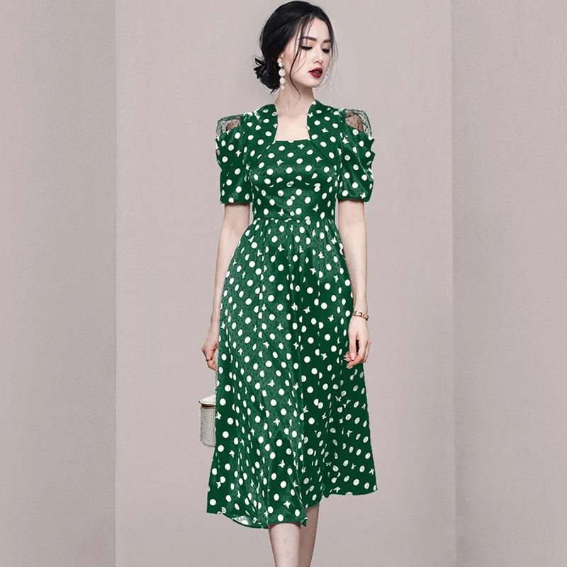 

2022 Women's Summer New Korean Vintage Square Neck Temperament Pile Sleeve Fashion Elegant Waist Closing Large Wave Point Dress