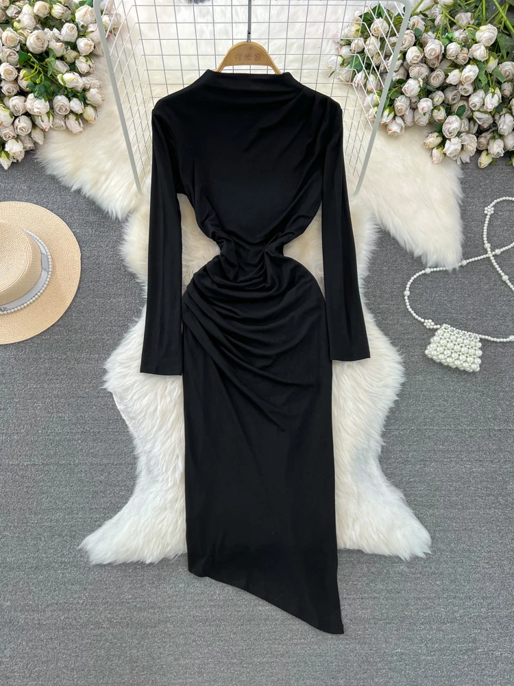 

Foamlina Spring Autumn Fashion Women Black Bodycon Dress Elegant Stand Collar Long Sleeve Slim Fit Ruched Midi Irregular Dress