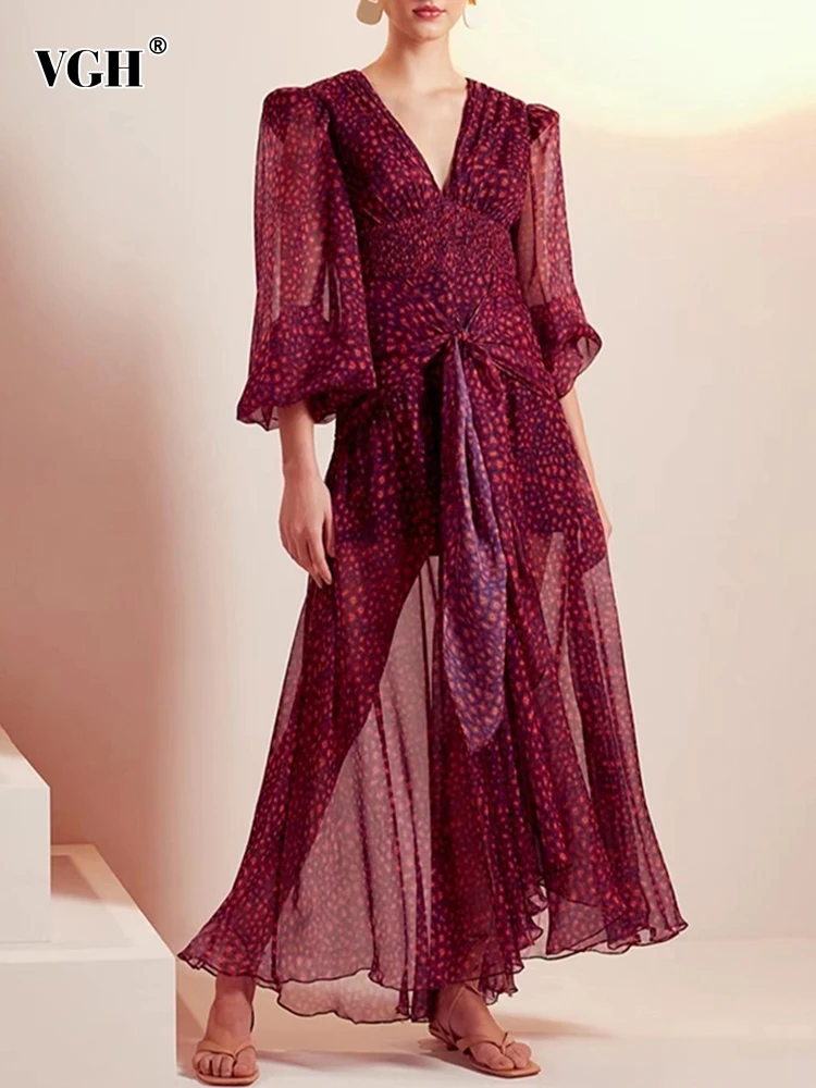 

VGH Vintage Purple Print Dress For Women V Neck Lantern Long Sleeve High Waist Ruched Slim Maxi Dresses Female 2022 Summer Style