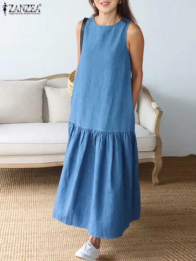 ZANZEA Casual Loose Vestidos Denim A-line Dress Women Ruffled Hem Tank Dress Round Neck Holiday Pockets Sleeveless Midi Dress
ZANZEA Casual Loose Vestidos Denim A-line Dress Women Ruffled Hem Tank Dress Round Neck Holiday Pockets Sleeveless Midi Dress