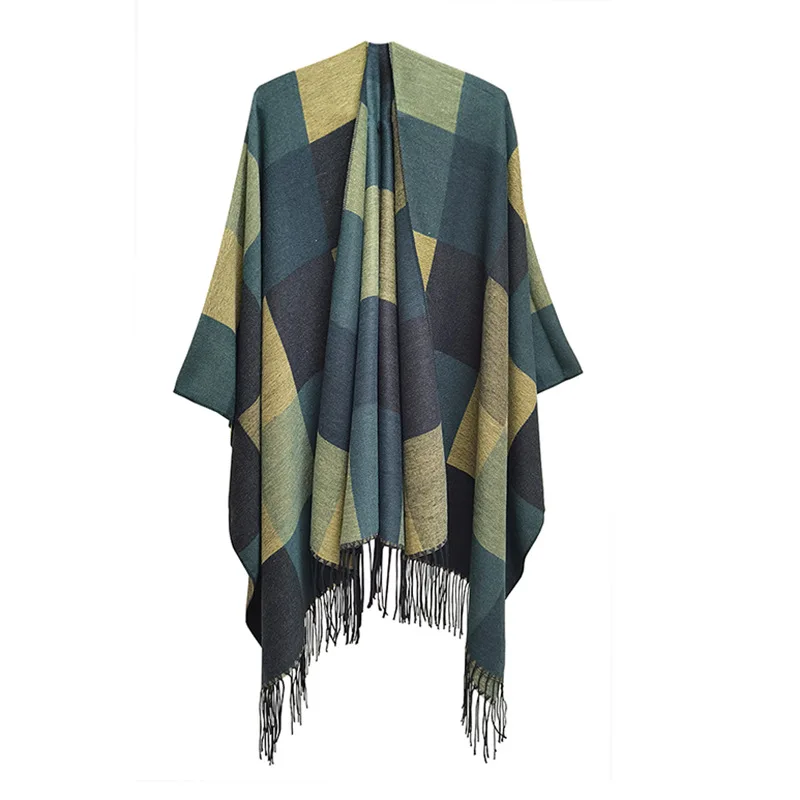 Женская двусторонняя шаль из искусственного кашемира, демисезонная клетчатая шаль с разрезом, теплое уличное пончо с кисточками, женские накидки, зеленые плащи
Женская двусторонняя шаль из искусственного кашемира, демисезонная клетчатая шаль с разрезом, теплое уличное пончо с кисточками, женские накидки, зеленые плащи