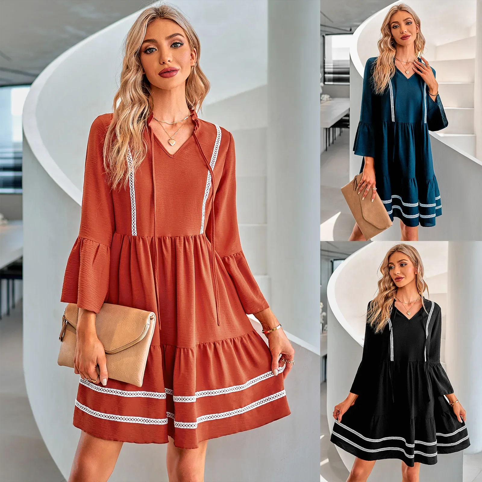 Independent Station Autumn and Winter New Style Fashion Individuality Women's Dress Fallow Solid Color V-neck Webbing Dresses
Independent Station Autumn and Winter New Style Fashion Individuality Women's Dress Fallow Solid Color V-neck Webbing Dresses