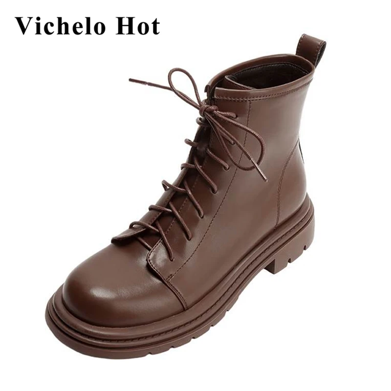 

Ботильоны Vichelo из натуральной кожи, популярные современные сапоги на среднем каблуке, с круглым носком, на толстой подошве, с перекрестной шнуровкой, в стиле Safair