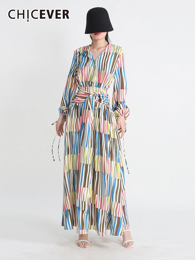 

CHICEVER Striped Midi Dresses For Women V Neck Long Sleeve High Waist Tunic Spliced Drawstring Hit Color A Line Dress Female New