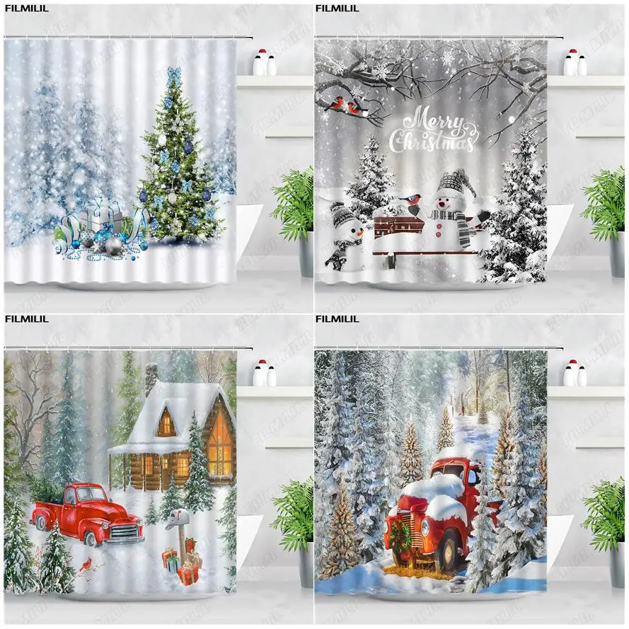 

Creative Christmas Shower Curtains Red Farm Truck Xmas Tree Snowman Winter Forest Landscape Bath Curtain Home Bathroom Decor Set
