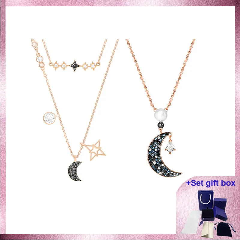 

Высококачественное ожерелье SWA с символическими украшениями, Луна и звезда, черное, розовое золото, красивая подарочная коробка, бесплатная...