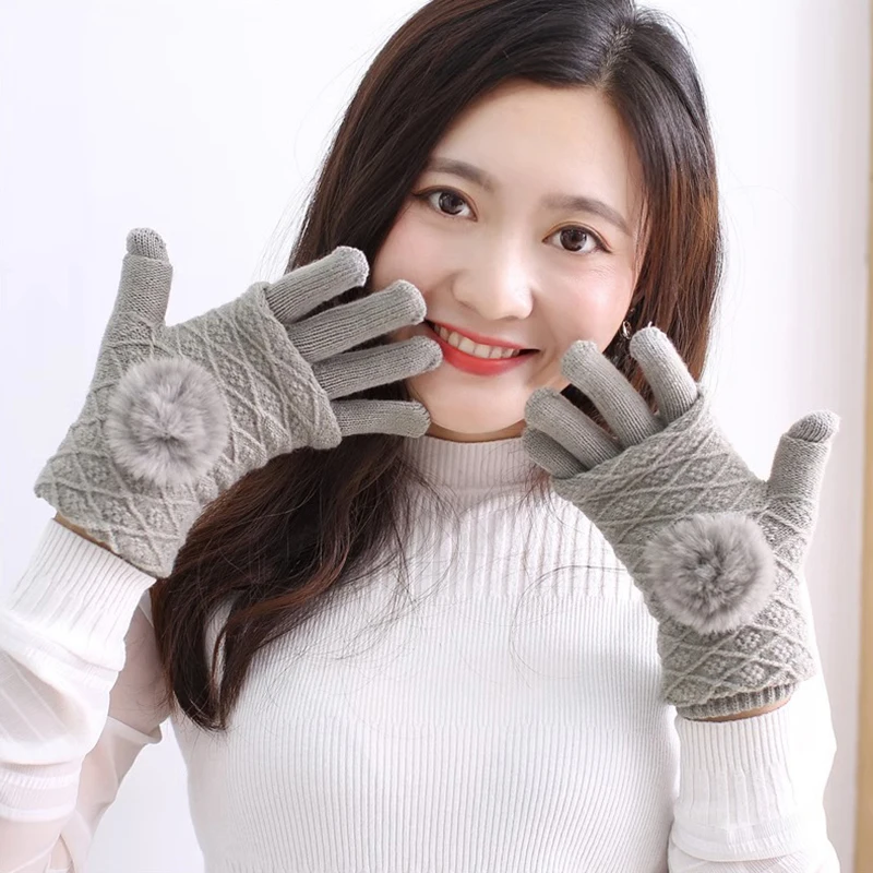 

Touch Screen Gloves Women Winter Warm Double Layer Separable Fingerless Gloves Female Rabbit Fur Pom Poms Mittens Gants Femme