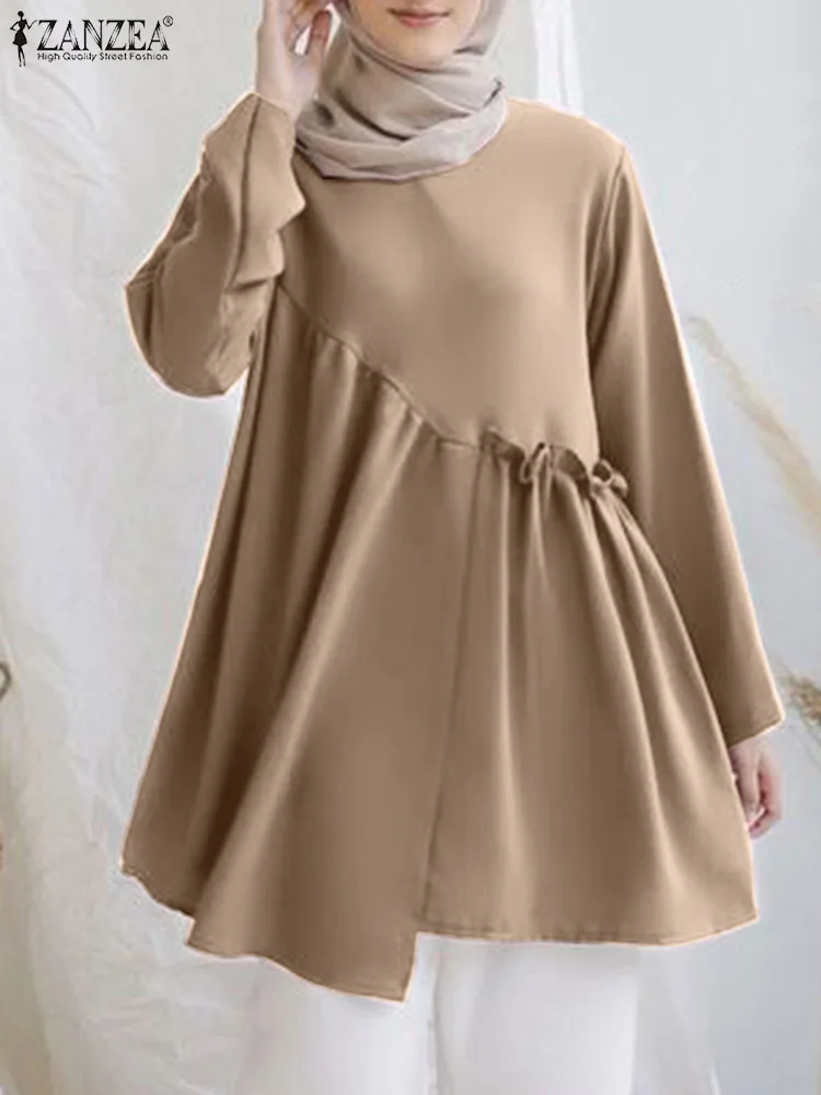 

ZANZEA Fashion Long Sleeve Flounce Hem Muslim Blouse Elegant Women Shirt Solid Tops Islamic Clothing Ramadan Blusas Chmeise 2023