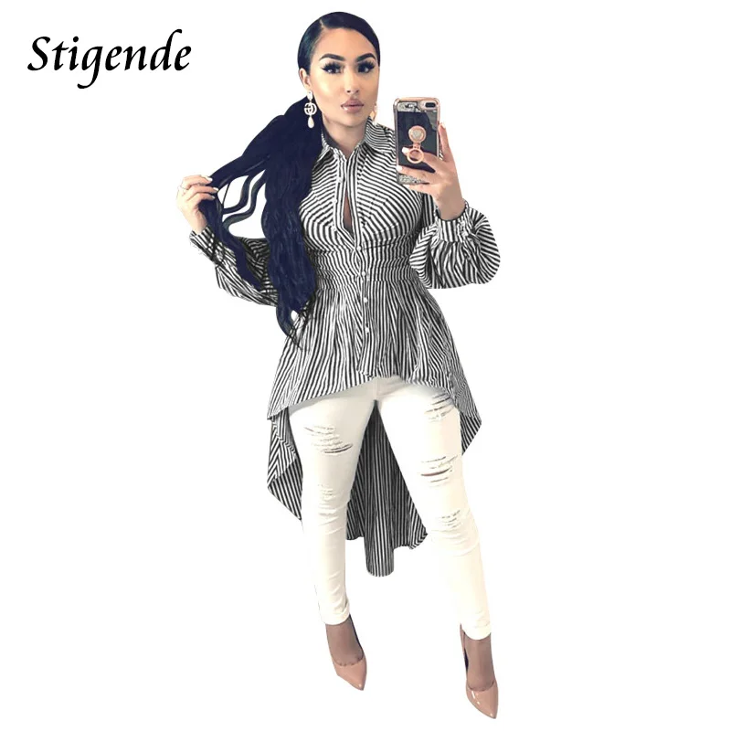 Stigende Women Striped Print High and Low Shirt Fashion Single Breasted Button Blouses Slim Fit Turn Down Collar Irregular Top
Stigende Women Striped Print High and Low Shirt Fashion Single Breasted Button Blouses Slim Fit Turn Down Collar Irregular Top