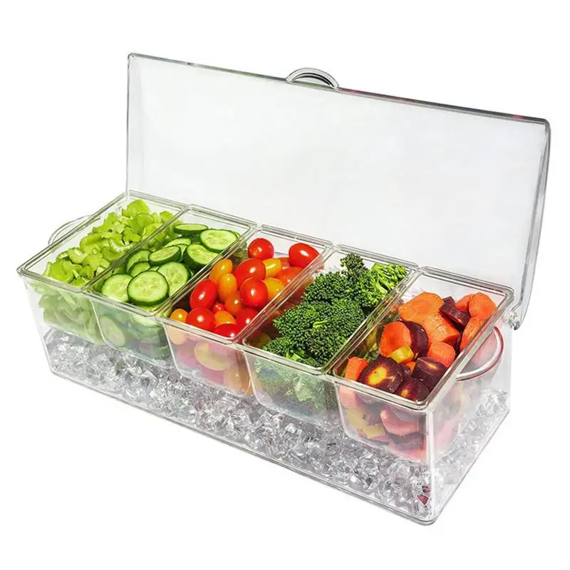

Clear Condiment Server On Ice, Chilled Caddy with 5 Removable Compartments, Chilled Serving Tray Container with Hinged Lid