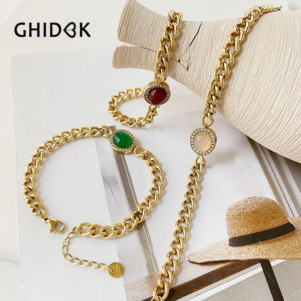 

Ghidbk Stainless Steel Gold Pvd Plated Chunky Curb Link Chain Oval Natural Gem Stone Bracelet Women Gorgeous Jewelry Party