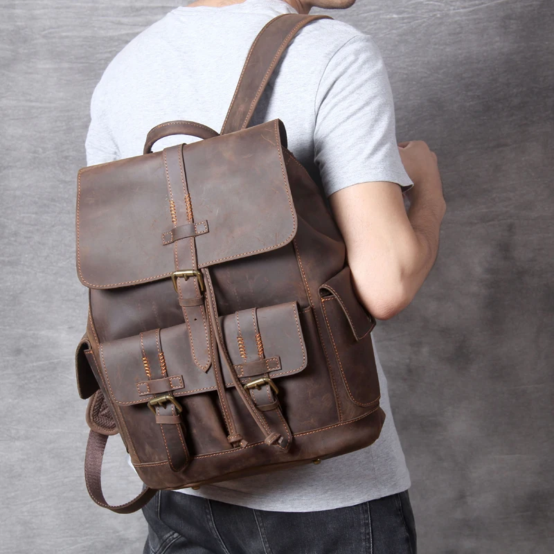 

Мужской кожаный рюкзак AETOO, винтажный вместительный школьный ранец ручной работы из кожи Крейзи Хорс, дорожная сумка с локомотивом