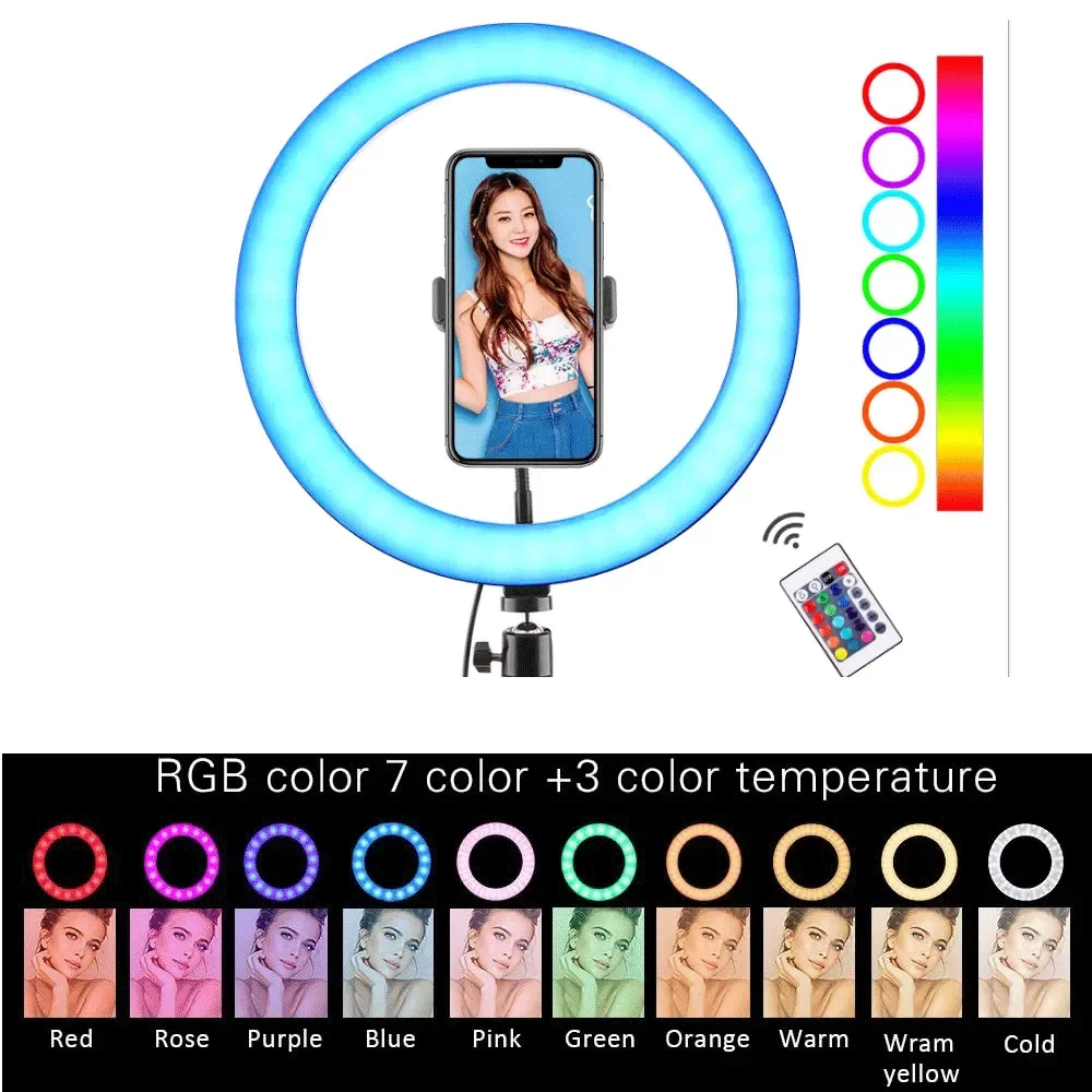 

10" RGB Selfie Ring Light Lamp LED Ring Light 3200-6500K With Tripod Stand & Cell Phone Holder For Live Stream/Make Up/YouTube