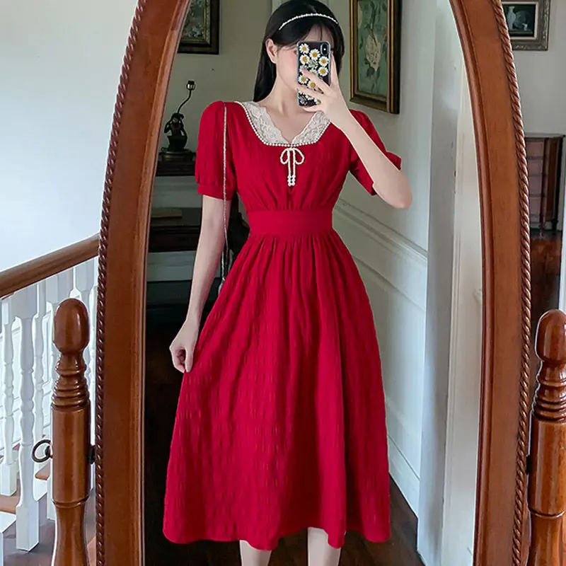 French summer new style women pearl series front and back Hepburn dress cool and cute short sleeve medium length dress women
French summer new style women pearl series front and back Hepburn dress cool and cute short sleeve medium length dress women