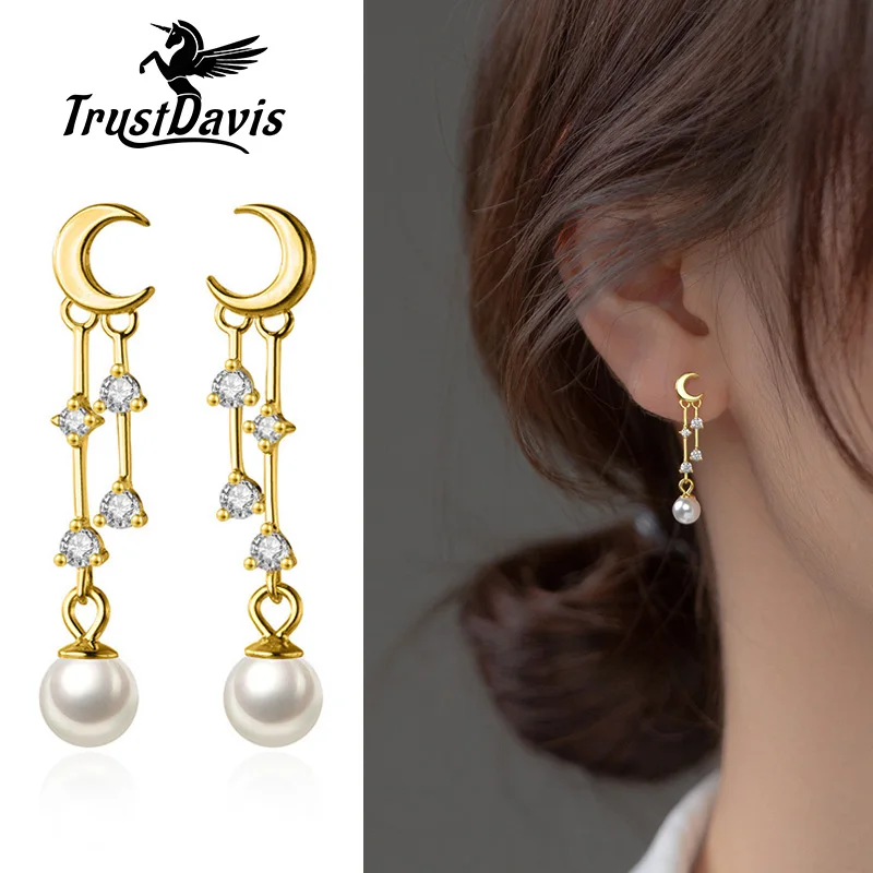 TrustDavis Real 925 Sterling Silver Earring Moon Tassel Synthesis Pearl CZ Stud Earrings For Women Mother's Day Jewelry DA3137
TrustDavis Real 925 Sterling Silver Earring Moon Tassel Synthesis Pearl CZ Stud Earrings For Women Mother's Day Jewelry DA3137