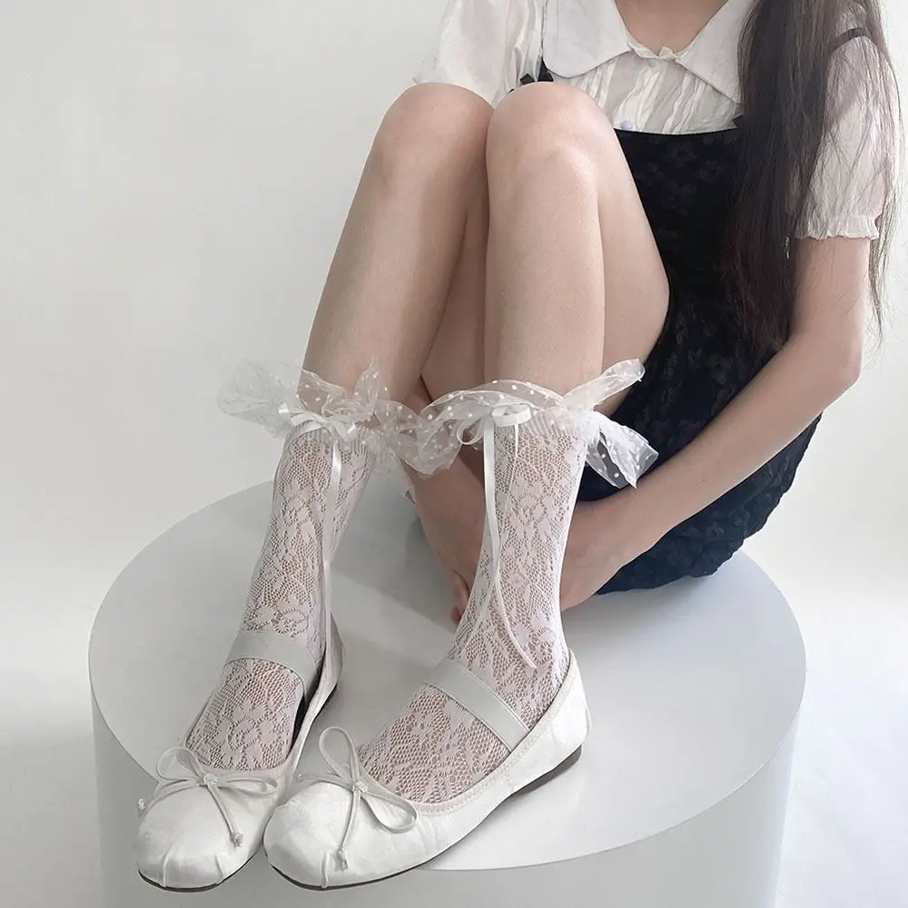 

Японские кружевные носки в стиле "Лолита" с бантиком и лентой JK средние Носки милые тонкие носки с вырезами и оборками до середины икры Женские чулочно-носочные изделия
