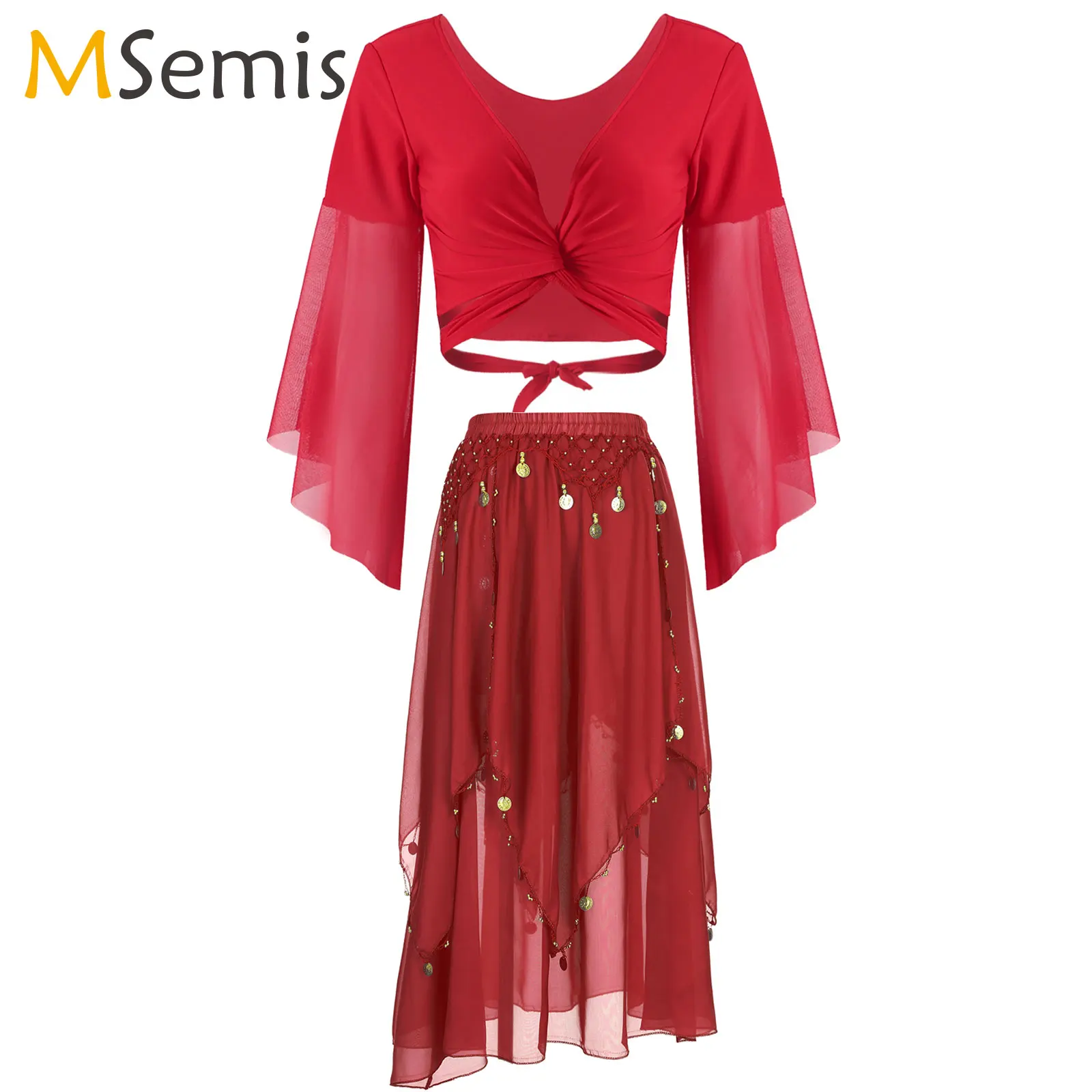 Lace-up Belly Dance Tops with Sequin Beaded Chiffon Skirt Women Long Flare Sleeve Shawl Shrug Bolero Cardigan Dancewear Costume
Lace-up Belly Dance Tops with Sequin Beaded Chiffon Skirt Women Long Flare Sleeve Shawl Shrug Bolero Cardigan Dancewear Costume