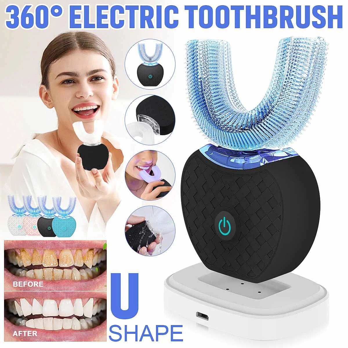360 Ultrasonic Electric Toothbrush U Type Teeth Whitening Toothbrush Waterproof 4 Gear Speed With Blue Light Automatic USB
360 Ultrasonic Electric Toothbrush U Type Teeth Whitening Toothbrush Waterproof 4 Gear Speed With Blue Light Automatic USB