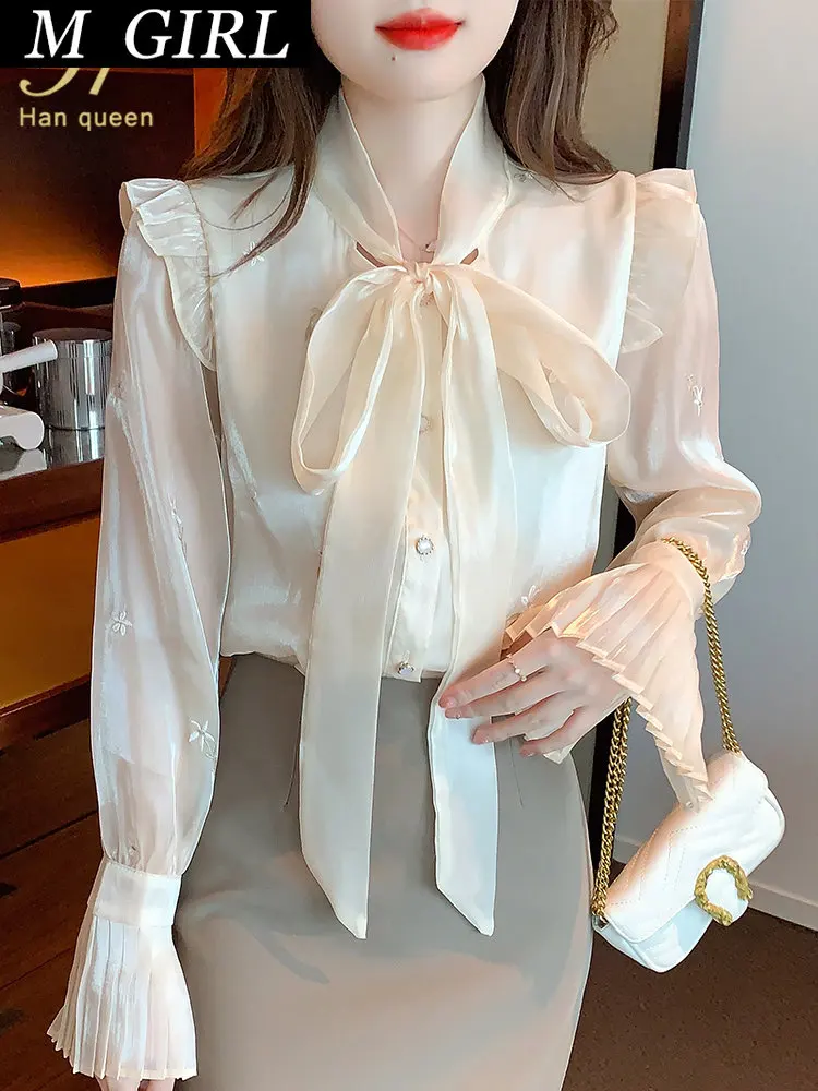 

M GIRLS Queen 2022 Autumn Basic Shirts 's Blouses Bow Embroidery Work Casual Tops Chiffon Blouse Korean Design Loose Shirts