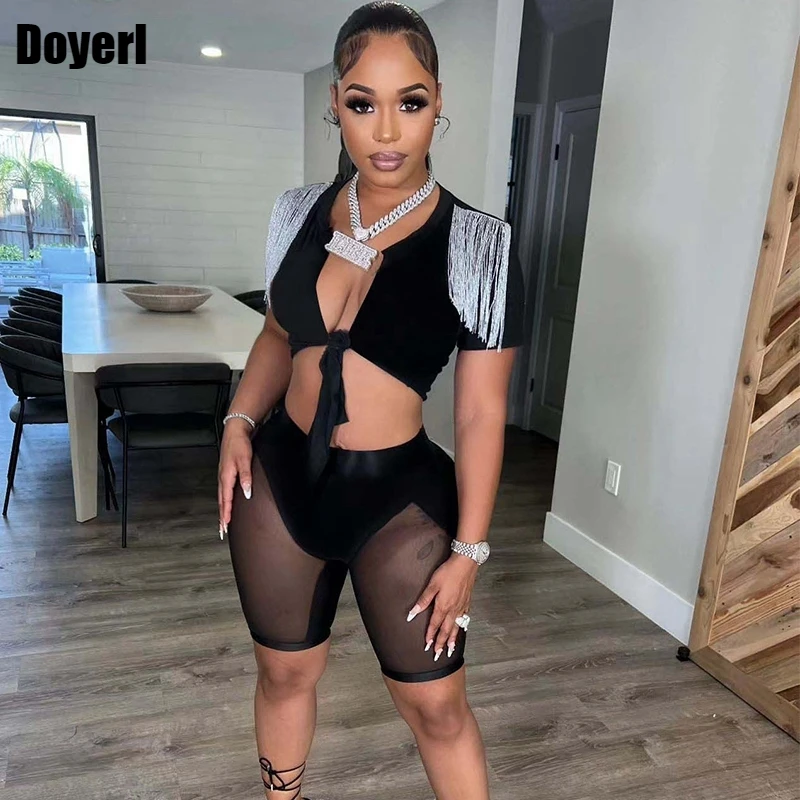 Crop Top Two Piece Short Set Women Summer Outfits for Women Suit Tassel Tops and Mesh Patchwork Biker Shorts Women Set Tracksuit
Crop Top Two Piece Short Set Women Summer Outfits for Women Suit Tassel Tops and Mesh Patchwork Biker Shorts Women Set Tracksuit