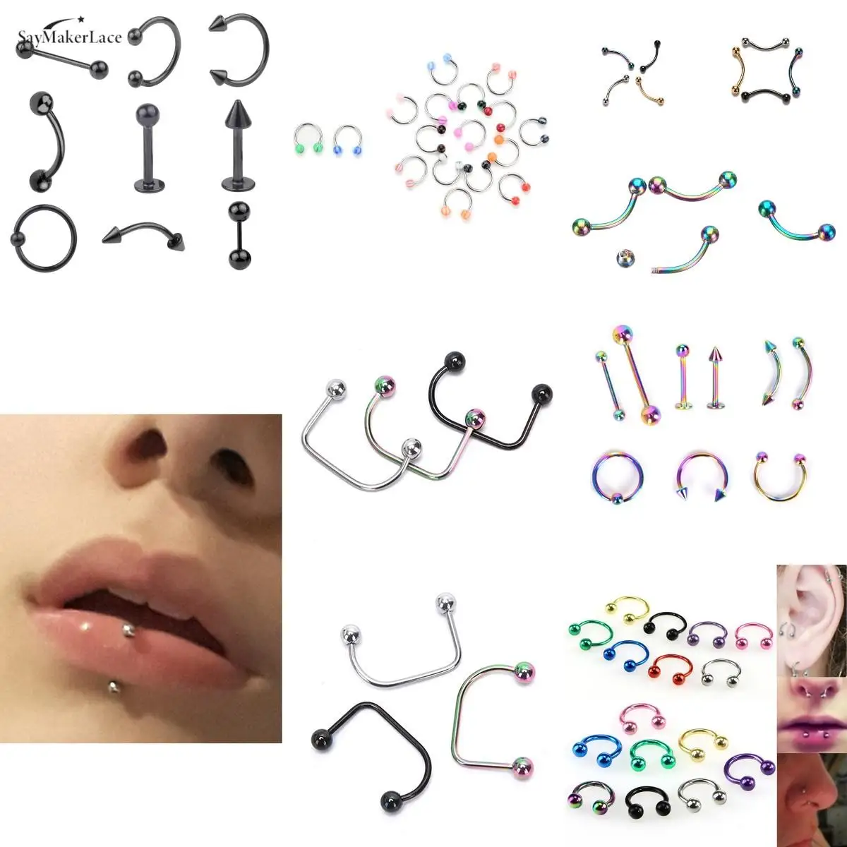

1Set Stainless Steel Eyebrow Loop Lip Ring Helix Nose Barbell Ball Rings Cartilage Stud Body Piercing Accessories Jewelry Random