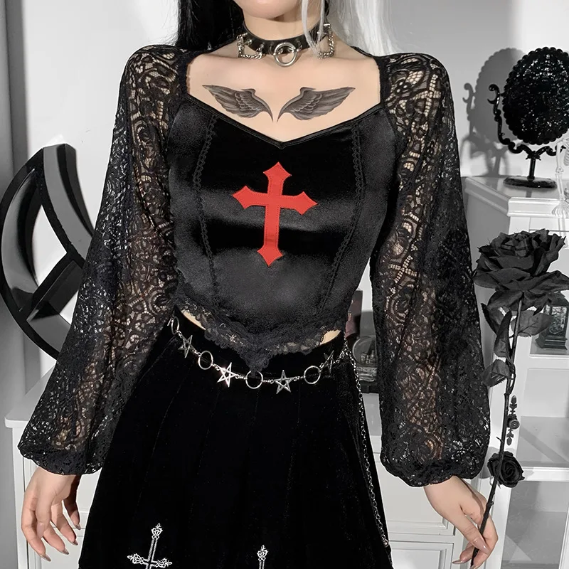 Goth Y2K Red Cross Black T Shirt For Women Aesthetic Gothic Sexy Lace Mesh Puff Long Sleeve Patchwork Blouse Grunge Fashion Tees
Goth Y2K Red Cross Black T Shirt For Women Aesthetic Gothic Sexy Lace Mesh Puff Long Sleeve Patchwork Blouse Grunge Fashion Tees