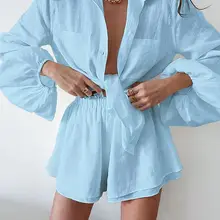 Women Casual Shirt Shorts Two Piece Summer New Fashion Personality Long Sleeved Shirt Loose Shorts Lady Simple Solid Color Suit