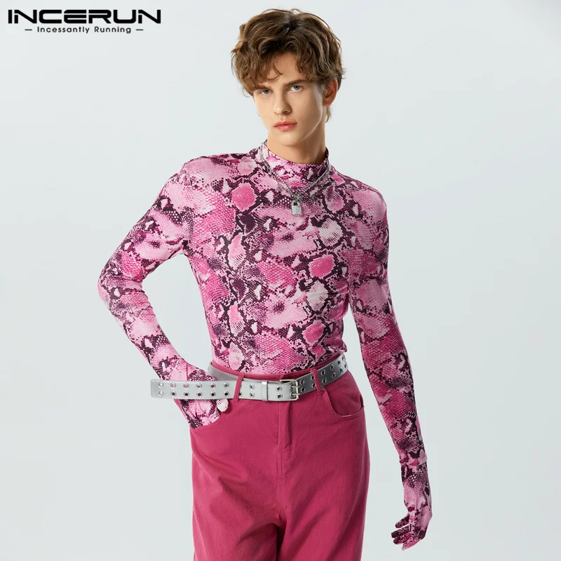 

INCERUN Tops 2023 American Style Fashion Mens High Neck Leopard Print T-shirts Casual Clubwear Thimble Long Sleeved Blouse S-5XL