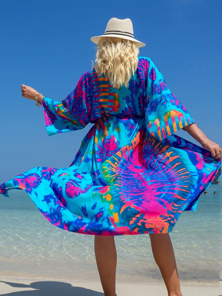 

2023 Fashion Printed Beach Cover Ups For Women Bohemian Loose Long Dress Blue Tie Dye Kimono Bathrobe Rayon Self Belted Kaftan