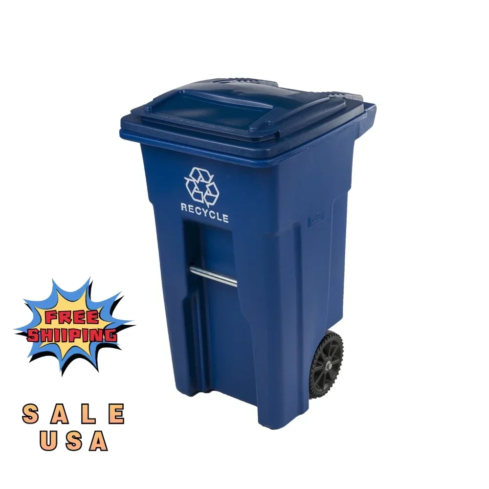

Blue Recycling Container with Wheels and Lid, 32 Gallon Trash Cans Household Cleaning Tools