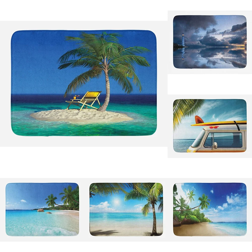 

Tropical Blue Ocean Bath Mat Kitchen Carpet Non-Slip Scenery Coconut Tree Sea Beach Waves Bathroom Mat Rug Doormat Foot Pad Home