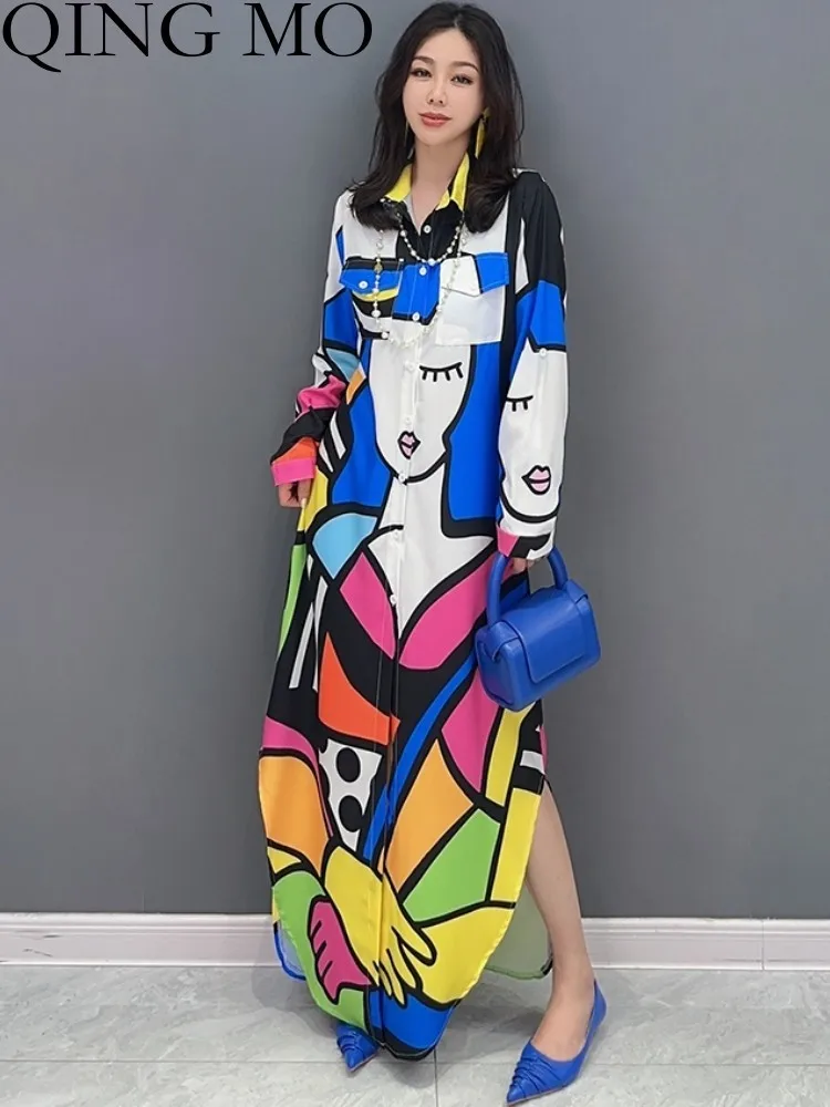 

QING MO 2023 Summer New Korean Fashion Colorful POLO Neck Dress Women Reduced Age Female Dress Full Sleeve Blue ZXF2489