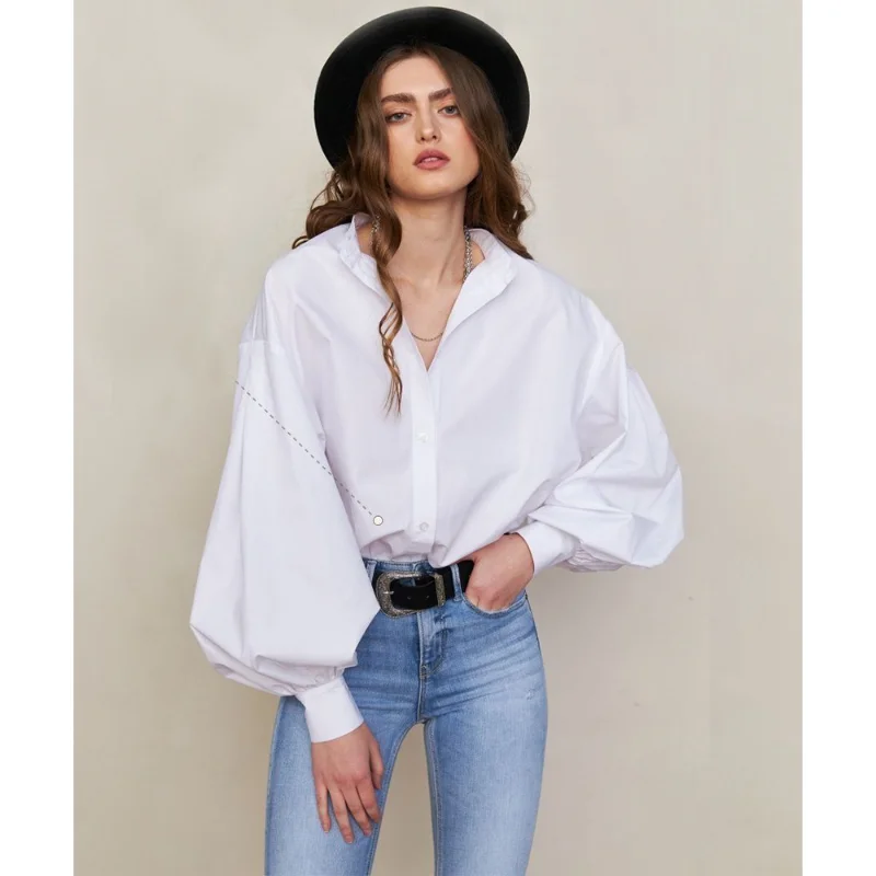 

Blusa Mujer Moda 2023 Camisas Y Blusas Loose O-neck Blouse Women Shirt Lantern Sleeve Single-breasted Cotton Camisa Feminina New