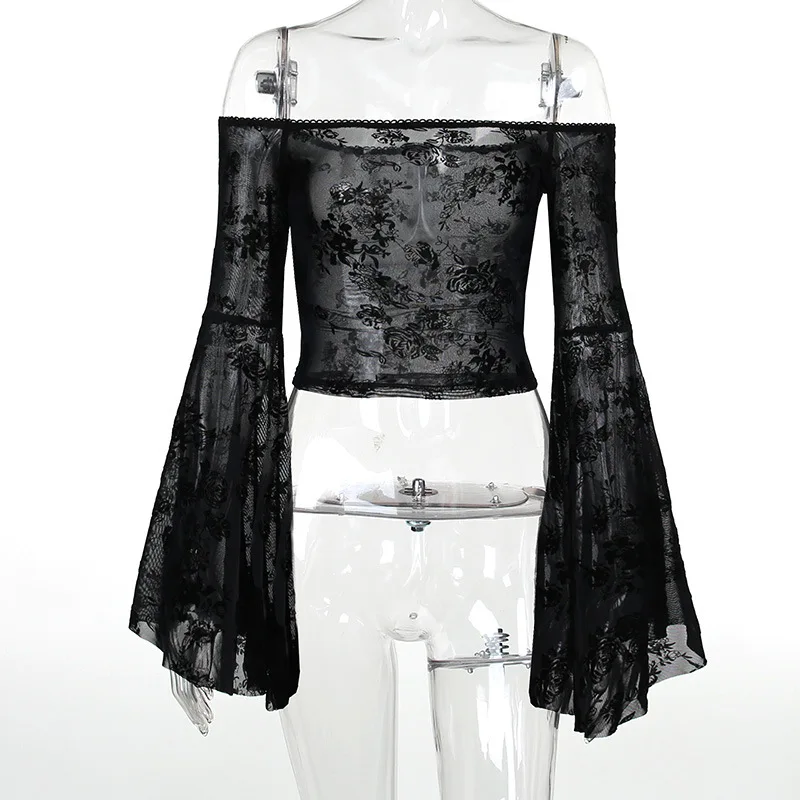 Gothic Women's Off Shoulder Lace Top Sexy Floral Lace Blouse T-Shirt Flare Long Sleeve Retro Bodycon Mesh Crop Top
Gothic Women's Off Shoulder Lace Top Sexy Floral Lace Blouse T-Shirt Flare Long Sleeve Retro Bodycon Mesh Crop Top