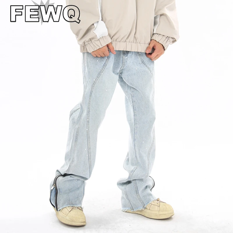 

FEWQ Y2k Men's Curved Split Jeans Zipper Male High Street Splash Ink Denim Trousers Straight Solid Color 2023 Trendy New 24B2369