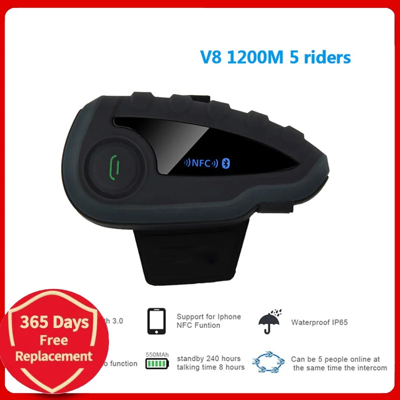 

V8 VS without Remote Control 5-Way Group Talk NFC 1200M Bluetooth Motorcycle Helmet Headset Intercom with FM Radio