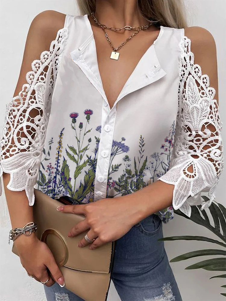 Sexy Cold Shoulder Embroidery Lace Blouses Women Elegant Floral Print Office Top Shirts New Spring Summer Button Chiffon Blouses
Sexy Cold Shoulder Embroidery Lace Blouses Women Elegant Floral Print Office Top Shirts New Spring Summer Button Chiffon Blouses